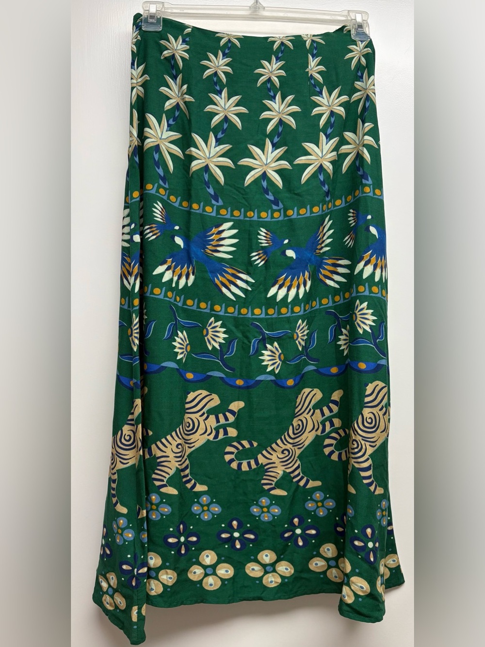 FARM Rio for Anthropologie Green Tropical Tiger Palm Bird Print Maxi Skirt M - Picture 2 of 3